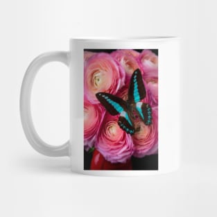 Blue Butterfly On Pink Ranunculus Mug